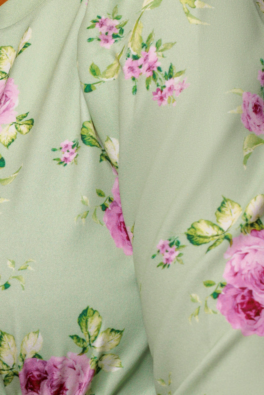 Goddiva Floral Printed Flared Sleeve Midi - Sage Green