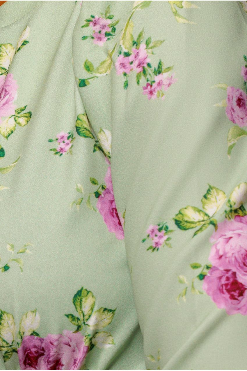 Goddiva Floral Printed Flared Sleeve Midi - Sage Green