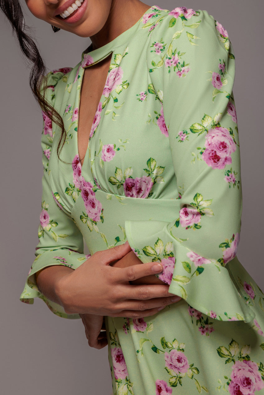 Goddiva Floral Printed Flared Sleeve Midi - Sage Green