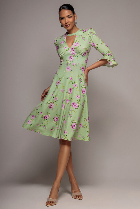 Goddiva Floral Printed Flared Sleeve Midi - Sage Green