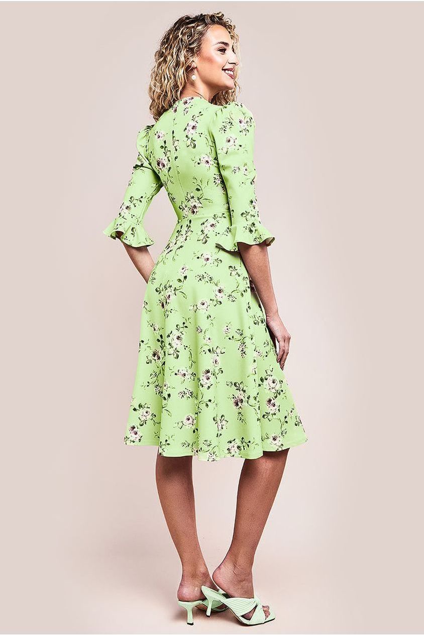 Goddiva Floral Printed Flared Sleeve Midi - Sage Green