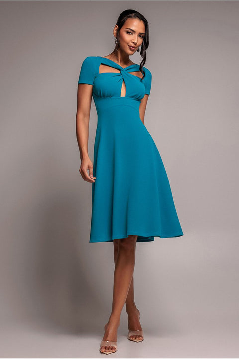 Goddiva Scuba Crepe Twist Cutout Midi Dress - Teal Blue