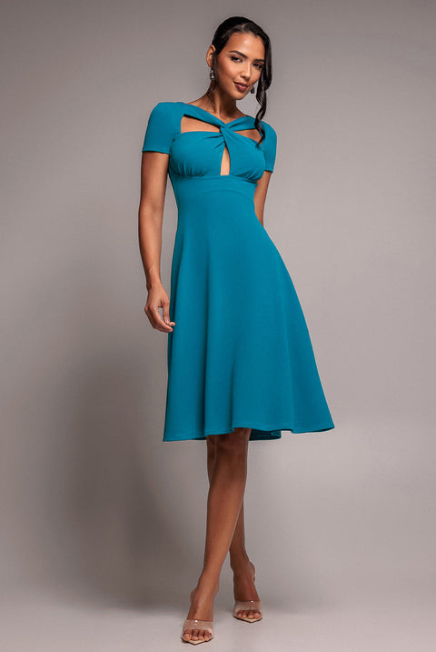 Goddiva Scuba Crepe Twist Cutout Midi Dress - Teal Blue