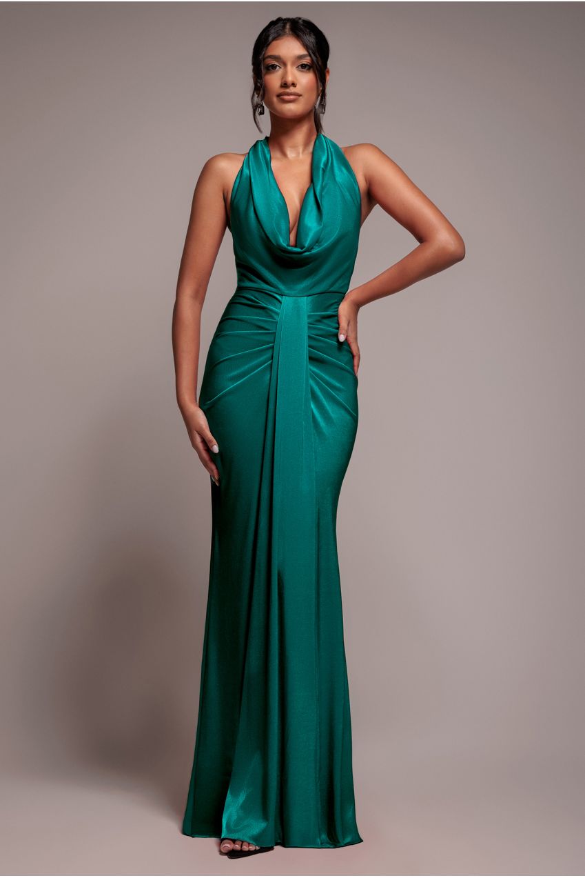 Goddiva Open Back Cowl Neck Maxi Dress - Emerald Green