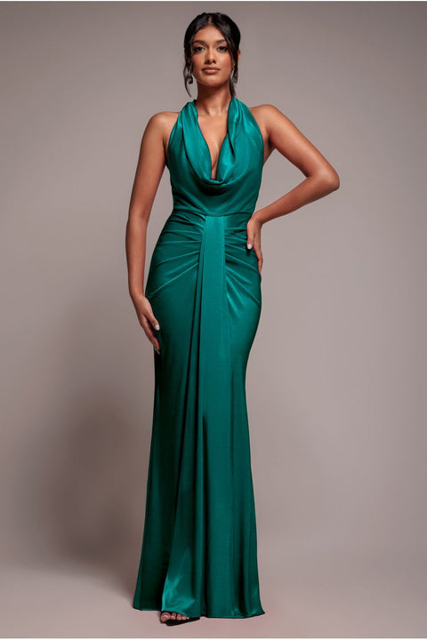 Goddiva Open Back Cowl Neck Maxi Dress - Emerald Green