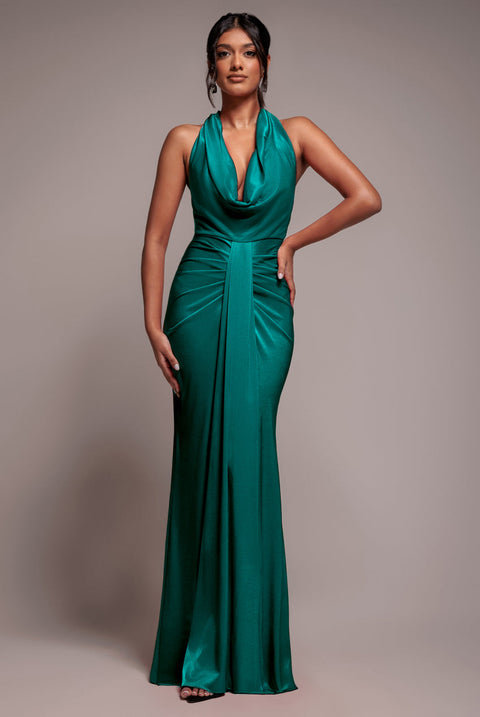 Goddiva Open Back Cowl Neck Maxi Dress - Emerald Green