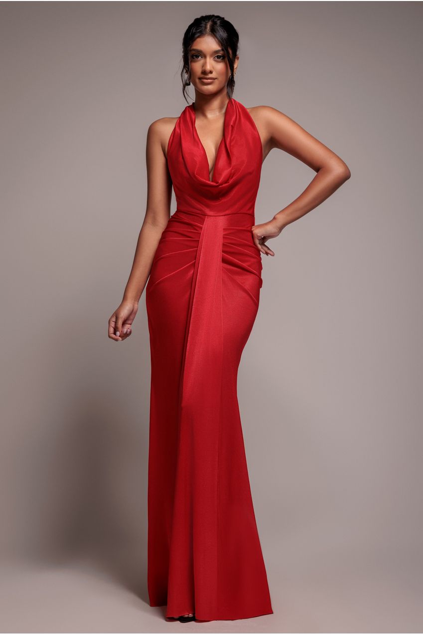 Goddiva Open Back Cowl Neck Maxi Dress - Red