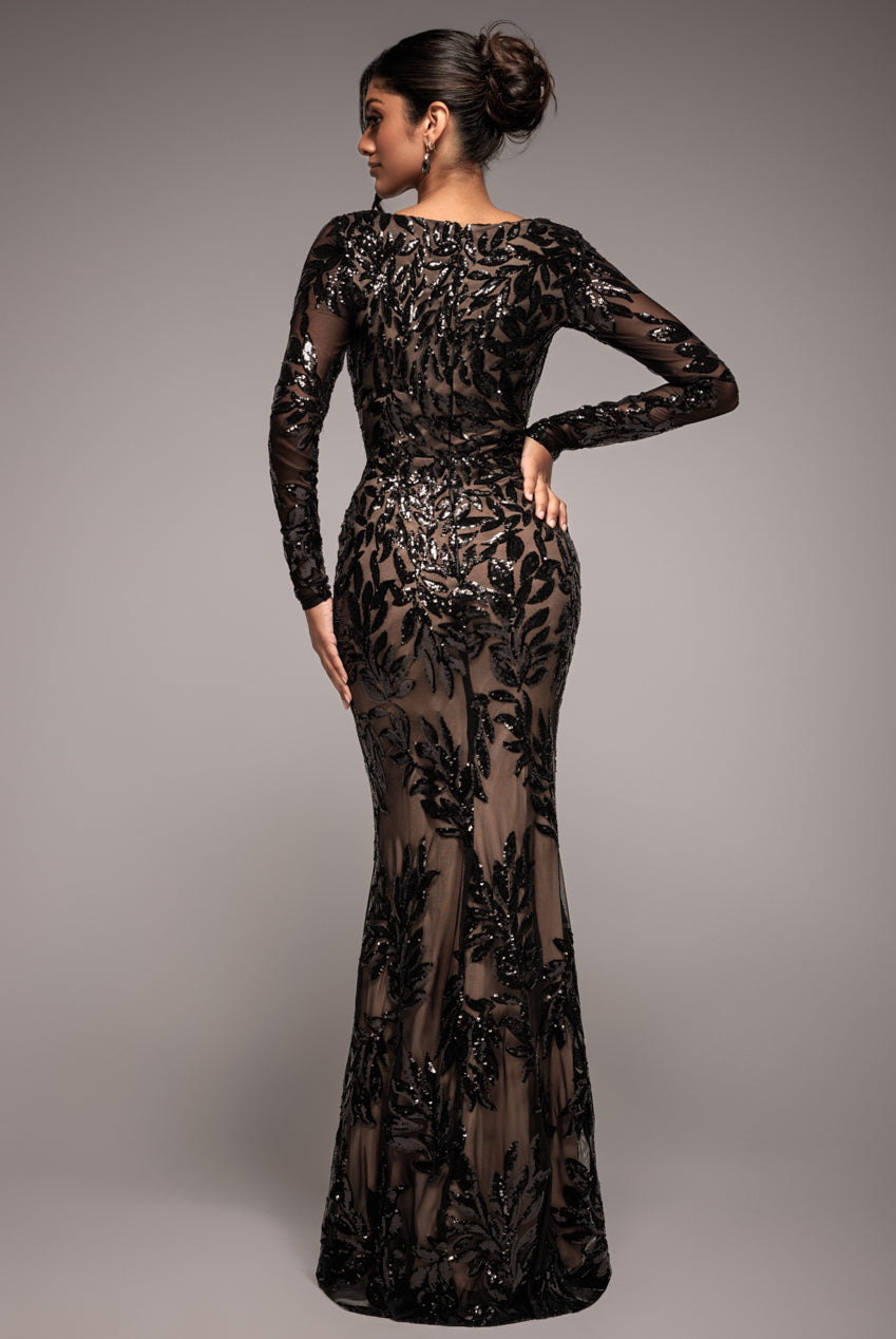 Goddiva Sequin Leaf Long Sleeve Maxi Dress - Black