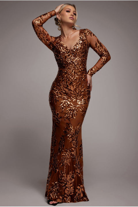 Goddiva Sequin Leaf Long Sleeve Maxi Dress - Bronze