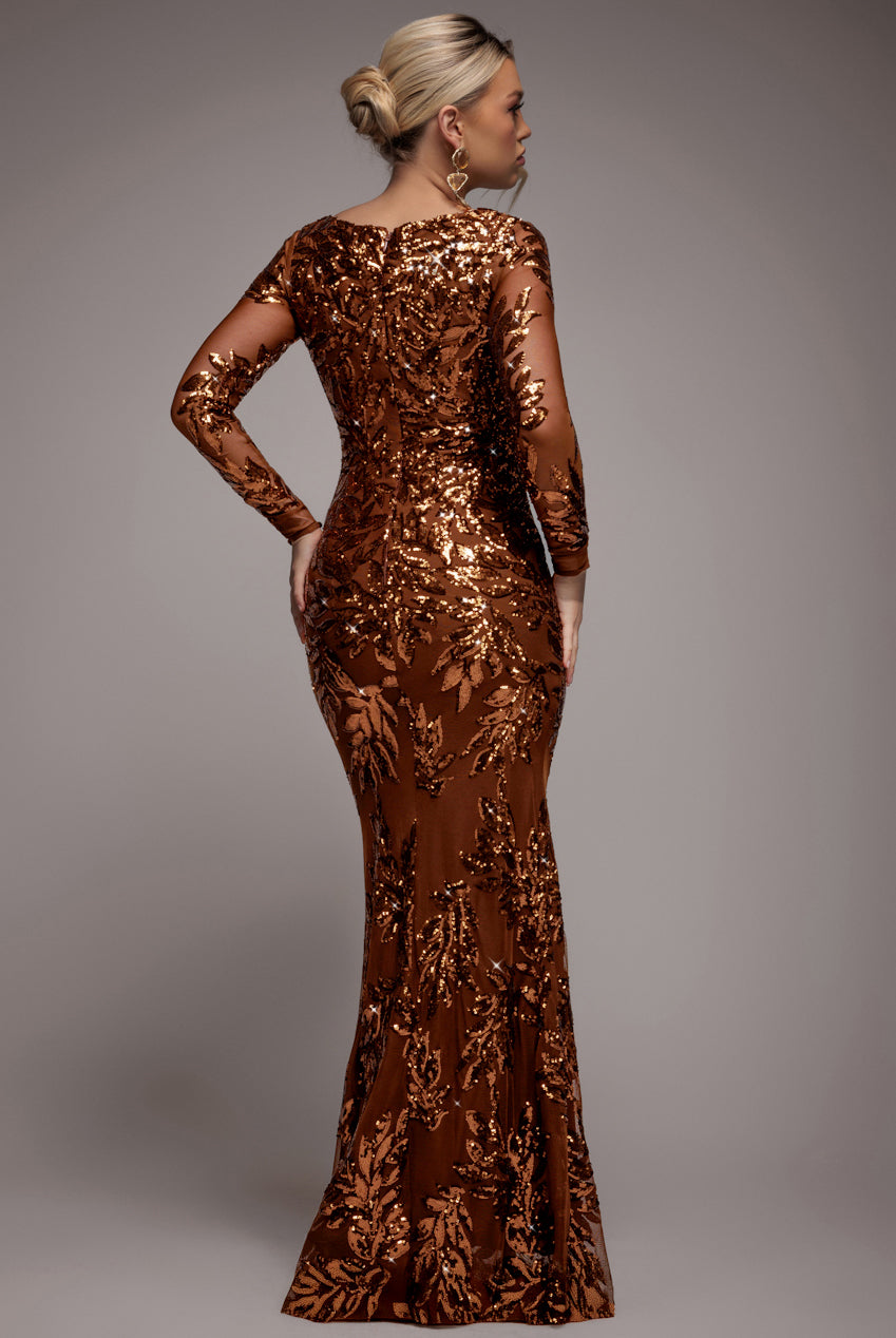 Goddiva Sequin Leaf Long Sleeve Maxi Dress - Bronze