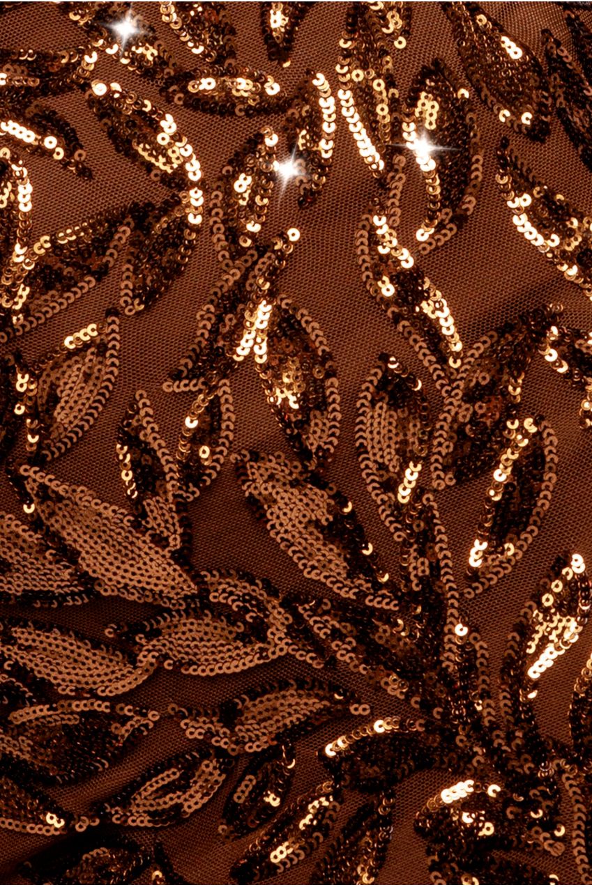 Goddiva Sequin Leaf Long Sleeve Maxi Dress - Bronze