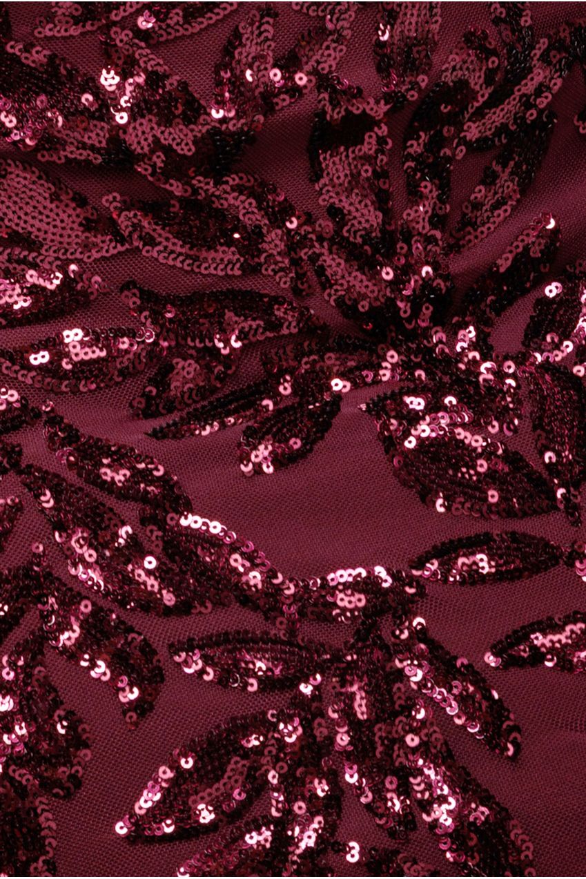 Goddiva Sequin Leaf Long Sleeve Maxi Dress - Burgundy