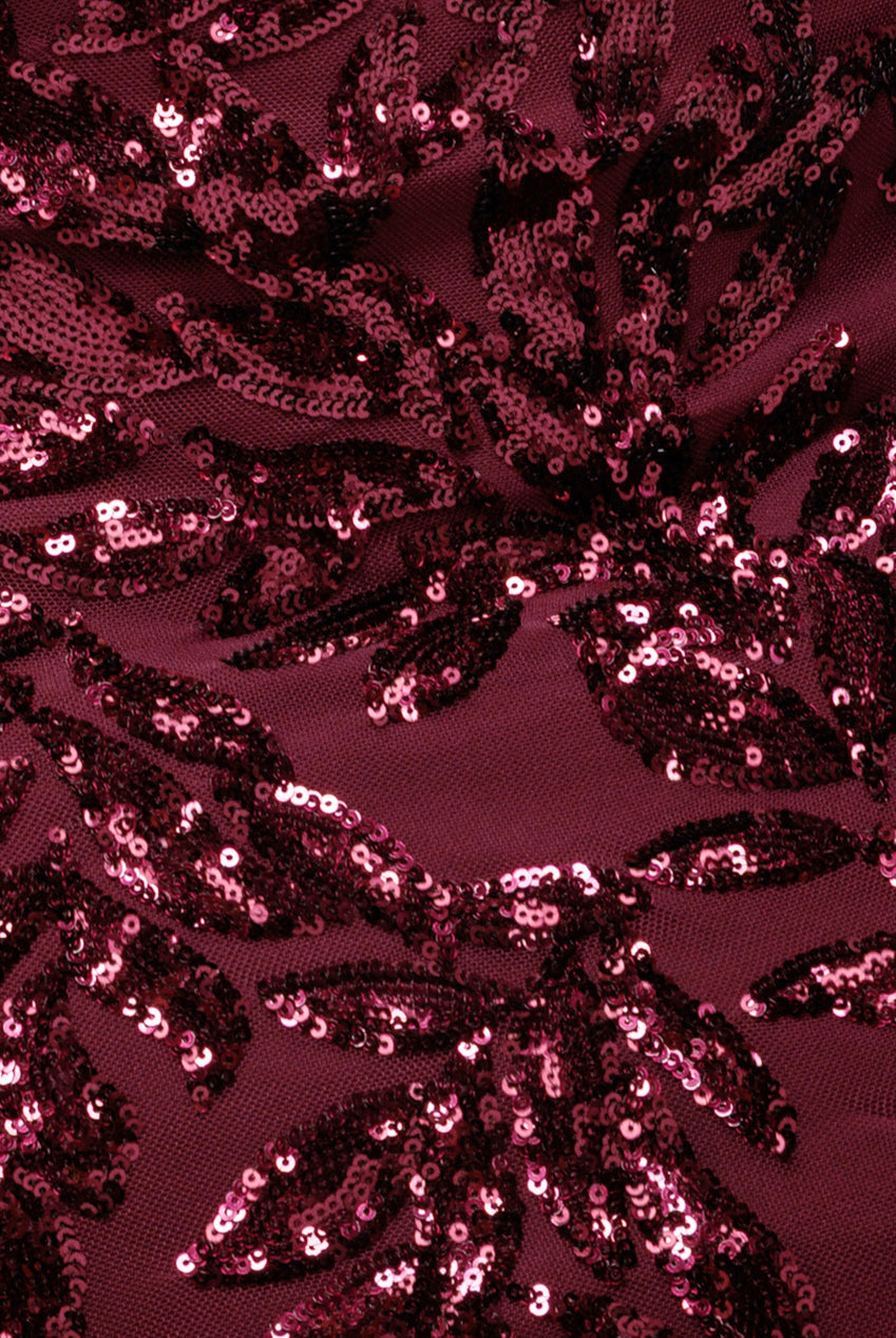 Goddiva Sequin Leaf Long Sleeve Maxi Dress - Burgundy