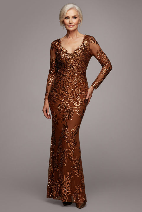 Goddiva Sequin Leaf Long Sleeve Maxi Dress - Bronze