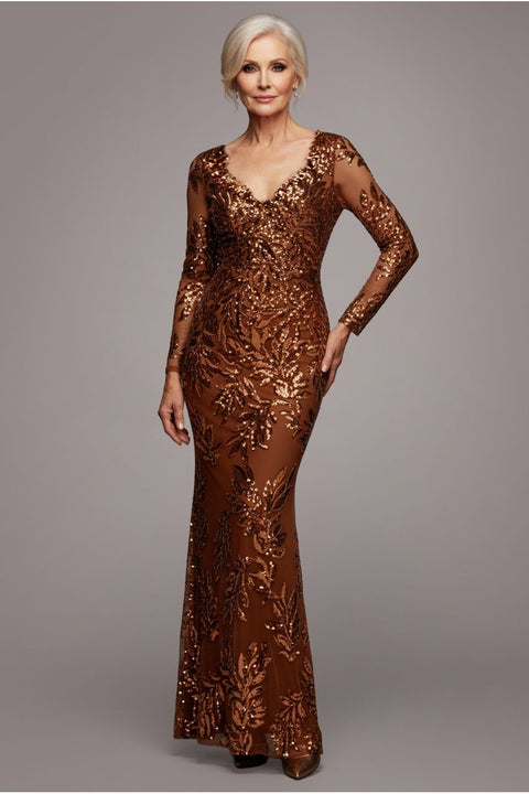 Goddiva Sequin Leaf Long Sleeve Maxi Dress - Bronze