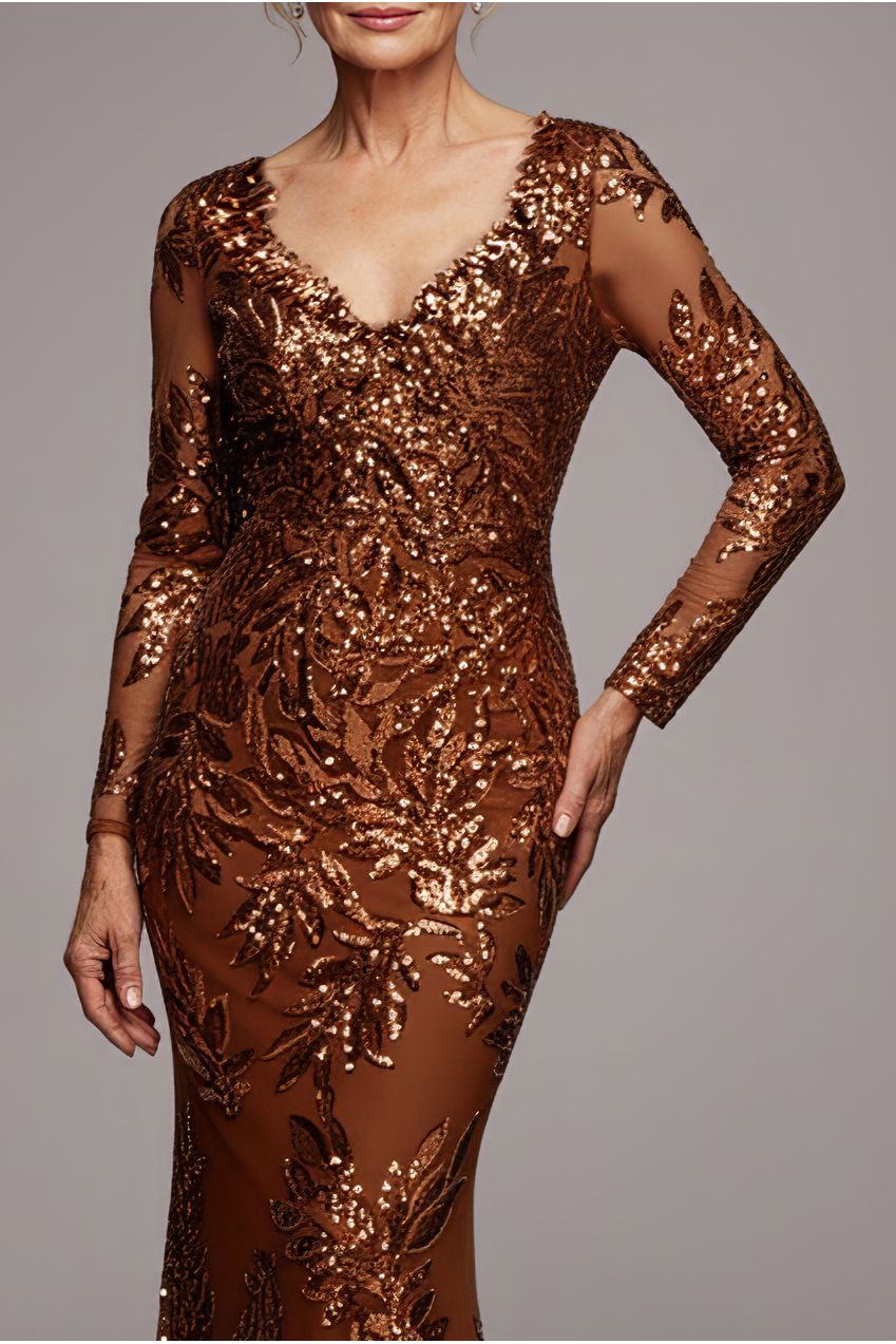 Goddiva Sequin Leaf Long Sleeve Maxi Dress - Bronze