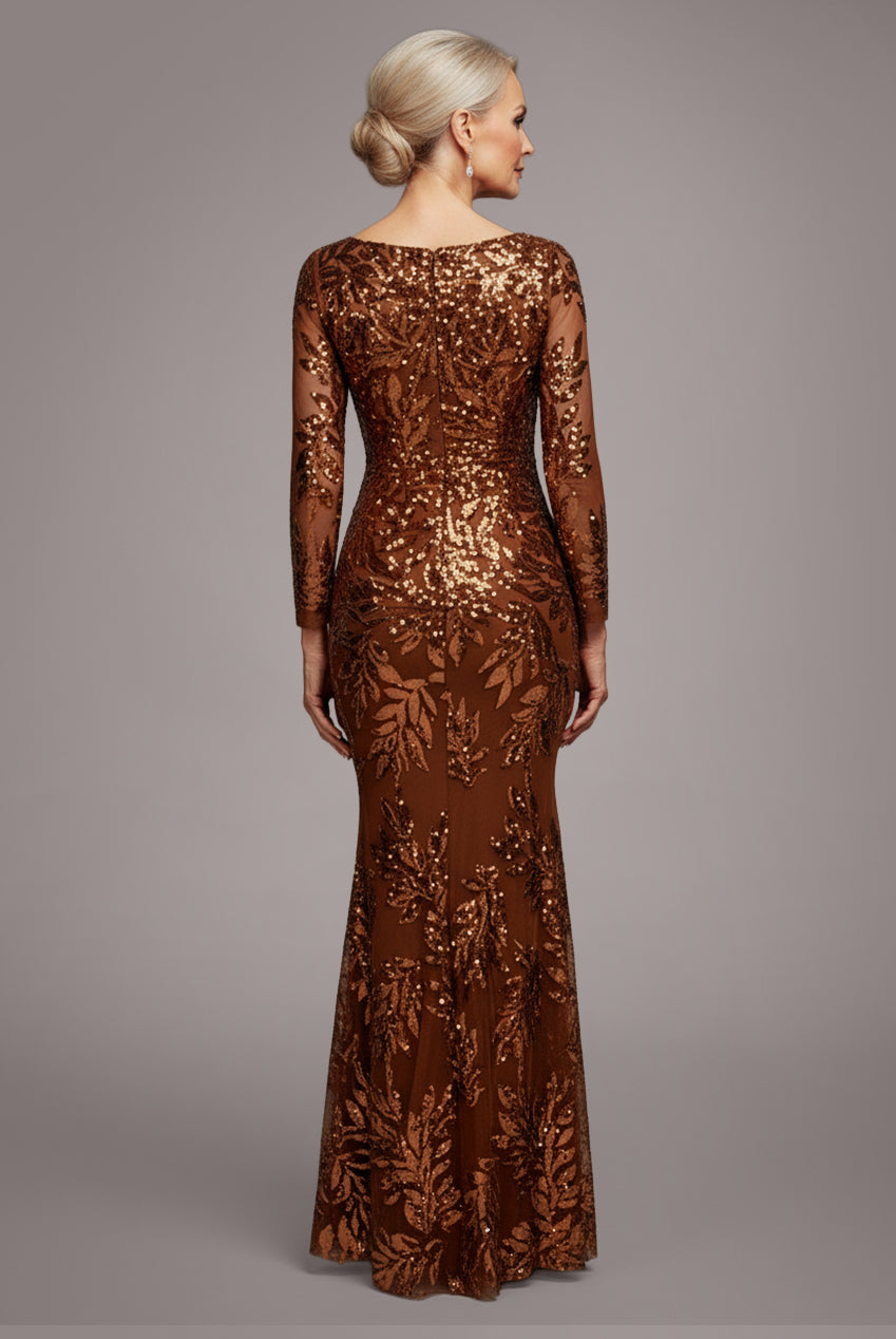 Goddiva Sequin Leaf Long Sleeve Maxi Dress - Bronze