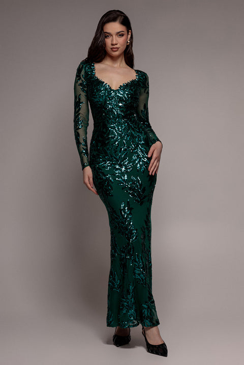 Goddiva Sequin Leaf Long Sleeve Maxi Dress - Emerald Green