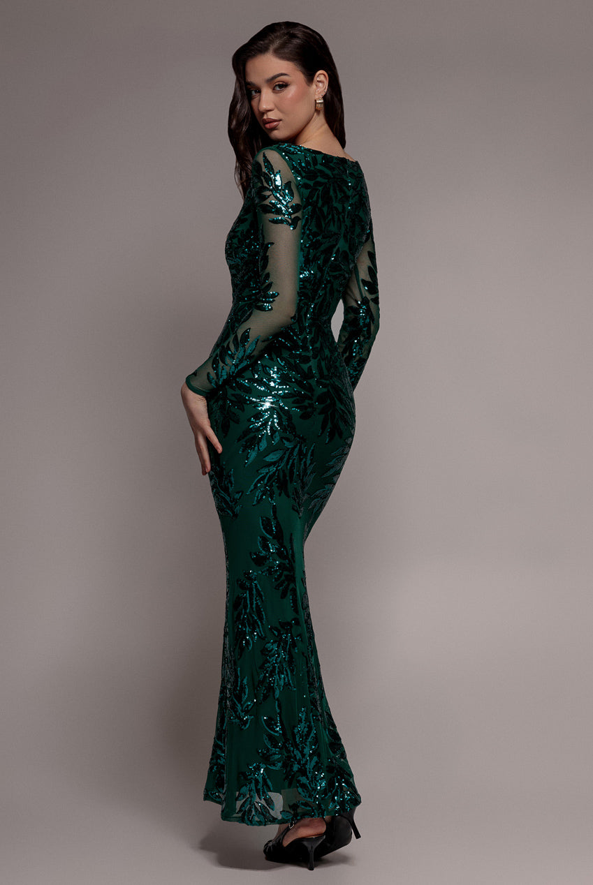 Goddiva Sequin Leaf Long Sleeve Maxi Dress - Emerald Green