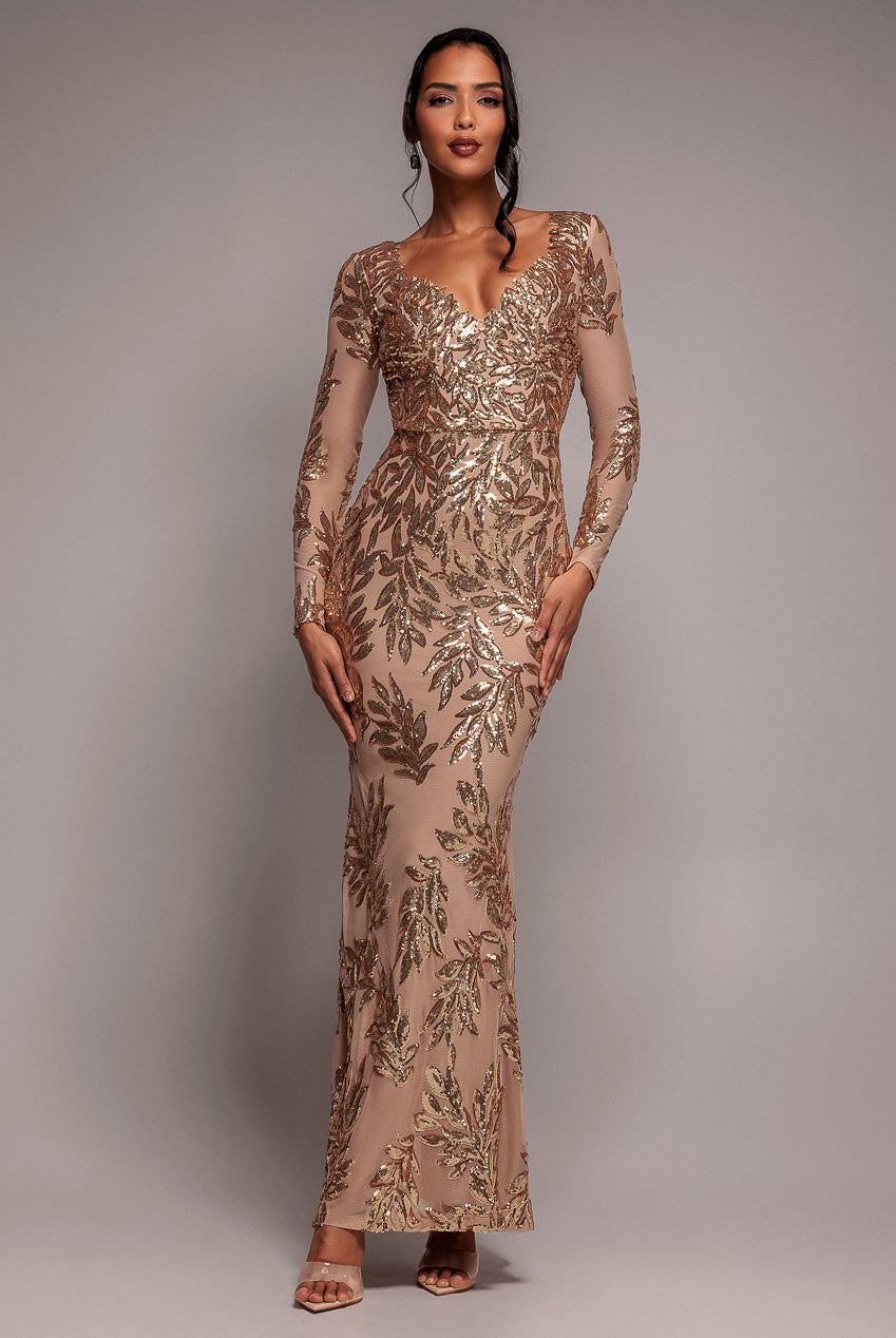 Goddiva Sequin Leaf Long Sleeve Maxi Dress - Gold