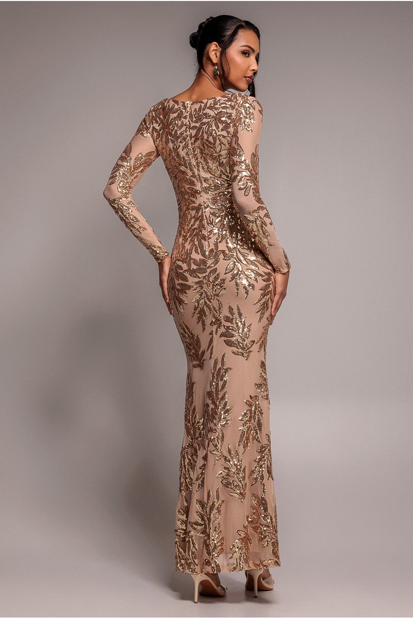 Goddiva Sequin Leaf Long Sleeve Maxi Dress - Gold