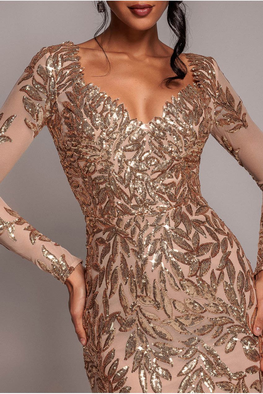 Goddiva Sequin Leaf Long Sleeve Maxi Dress - Gold