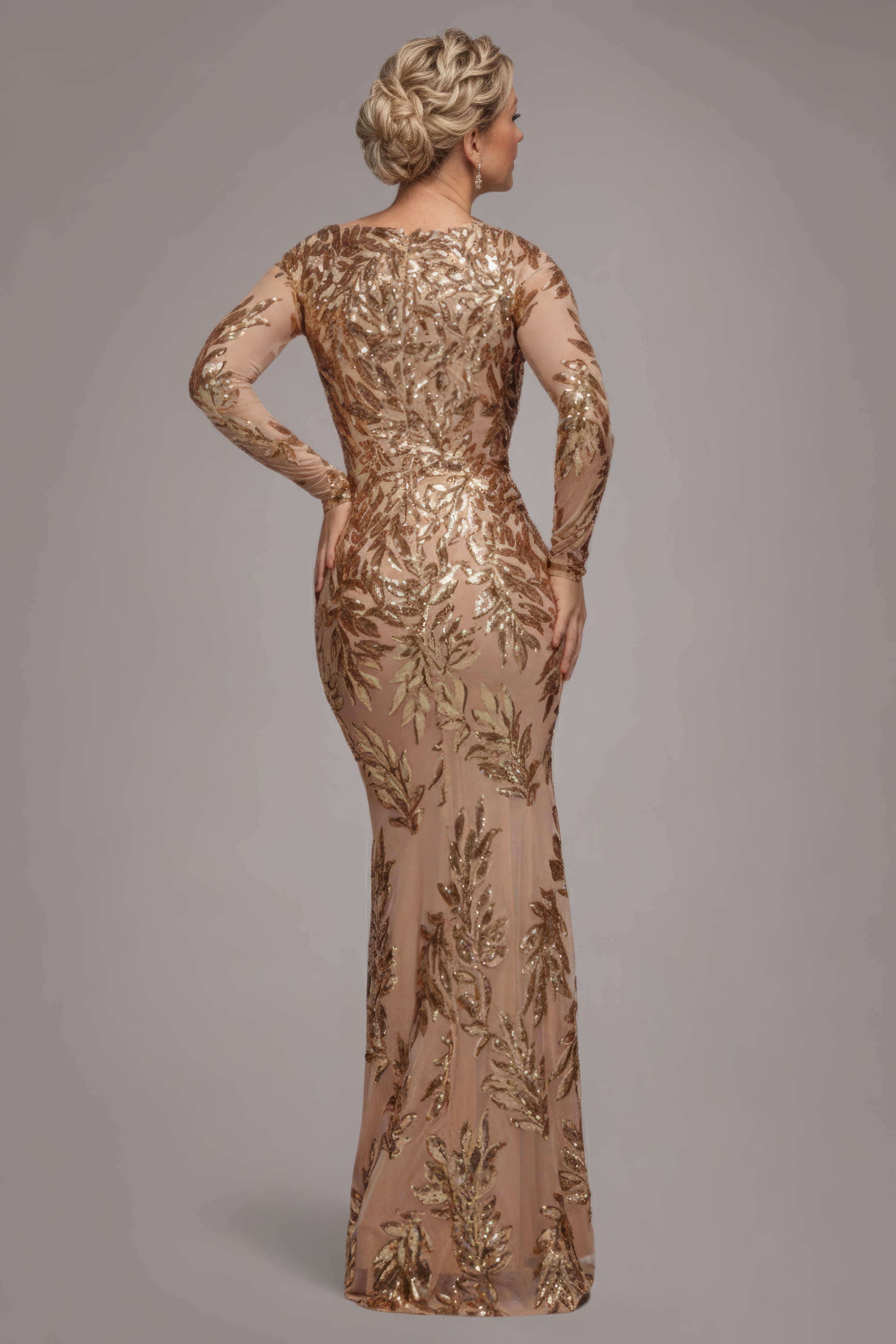 Goddiva Sequin Leaf Long Sleeve Maxi Dress - Gold