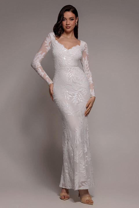 Goddiva Sequin Leaf Long Sleeve Maxi Dress - White