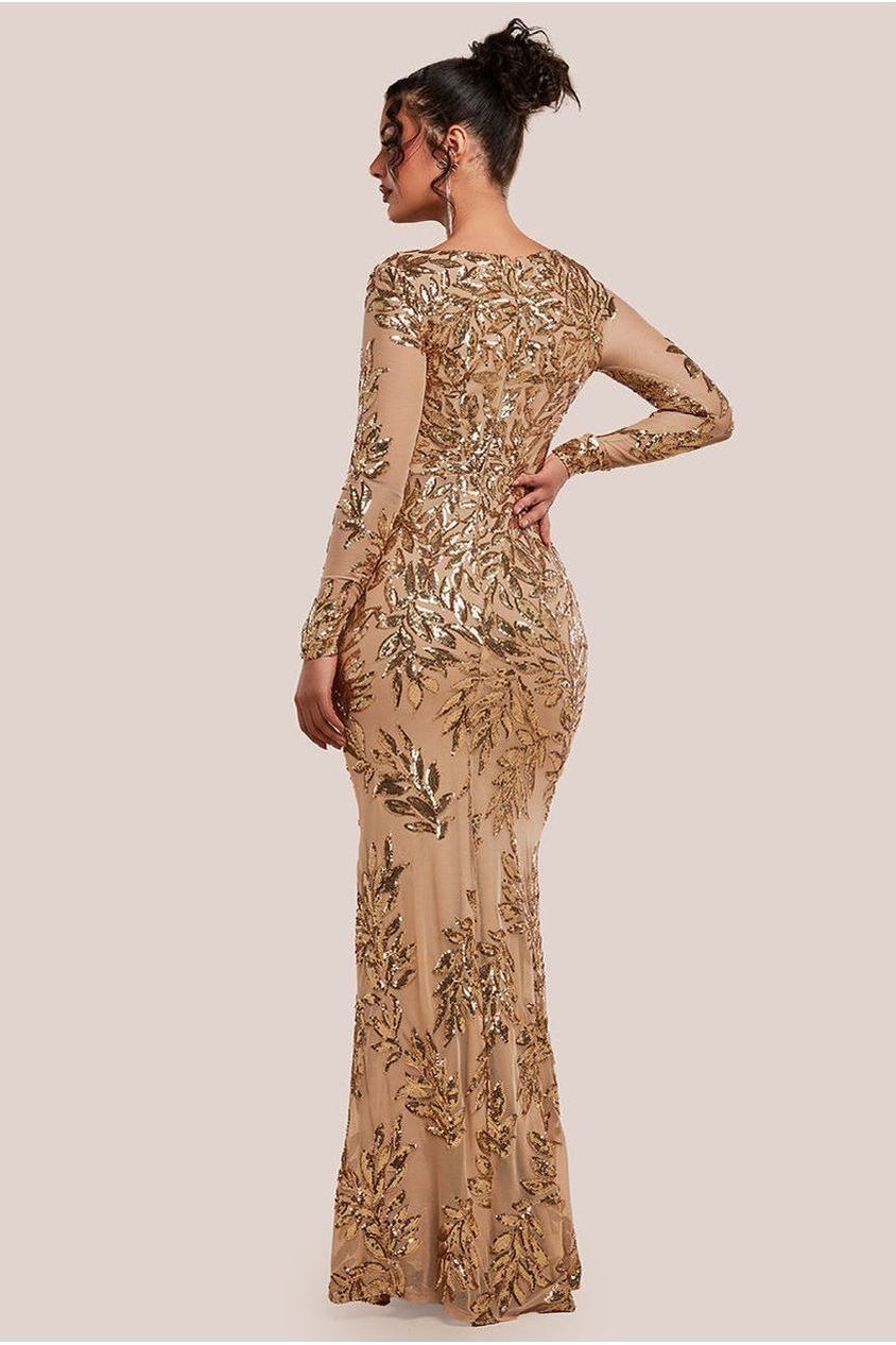 Goddiva Sequin Leaf Long Sleeve Maxi Dress - Gold