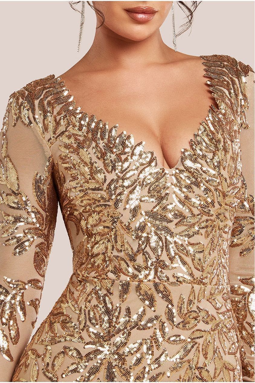 Goddiva Sequin Leaf Long Sleeve Maxi Dress - Gold