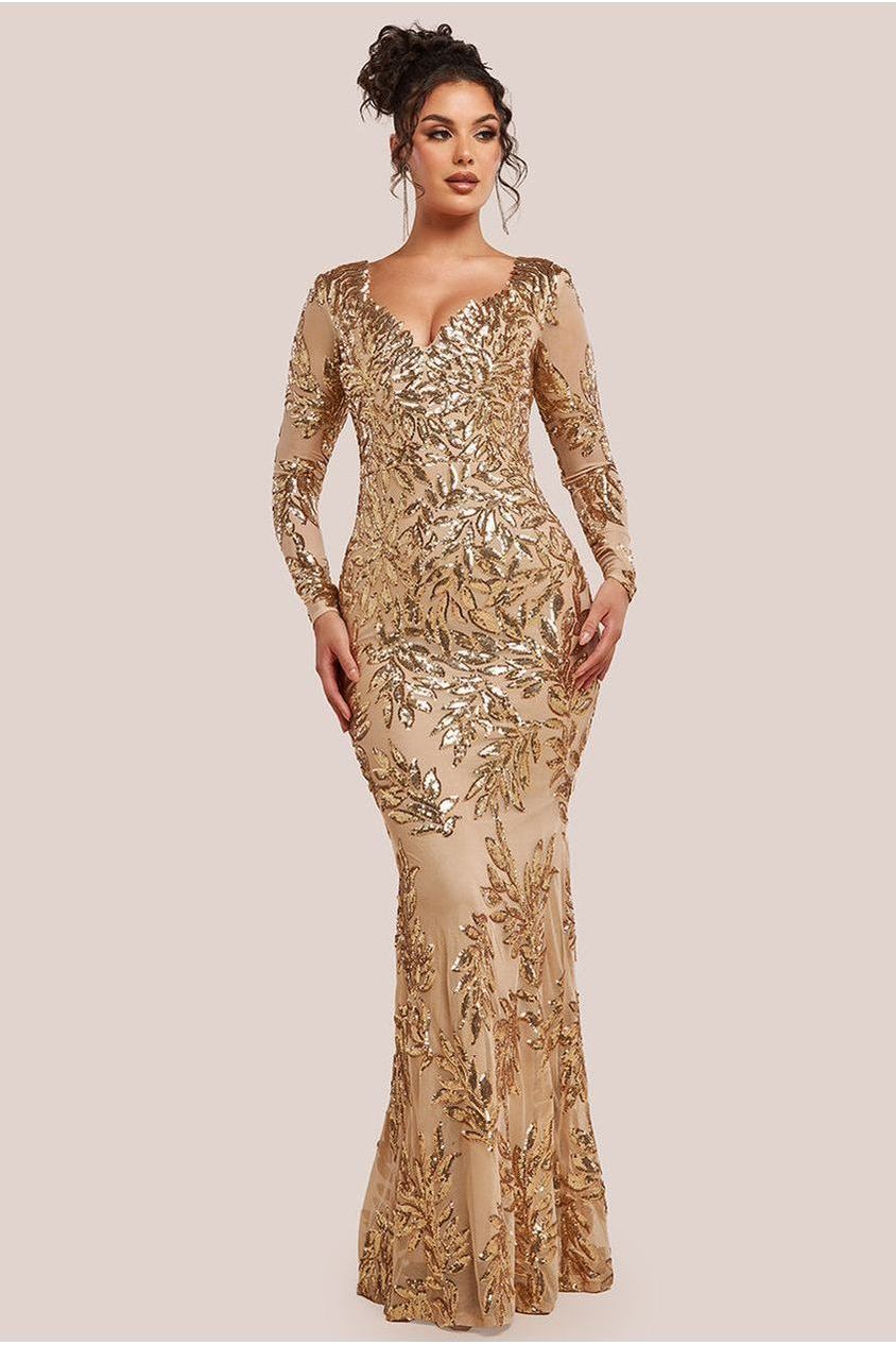 Goddiva Sequin Leaf Long Sleeve Maxi Dress - Gold