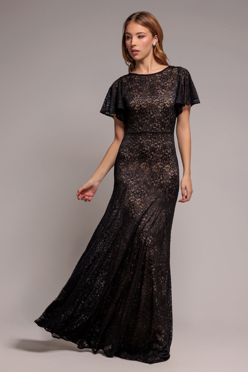 Goddiva Flutter Sleeve Lace A-Line Maxi Dress - Black