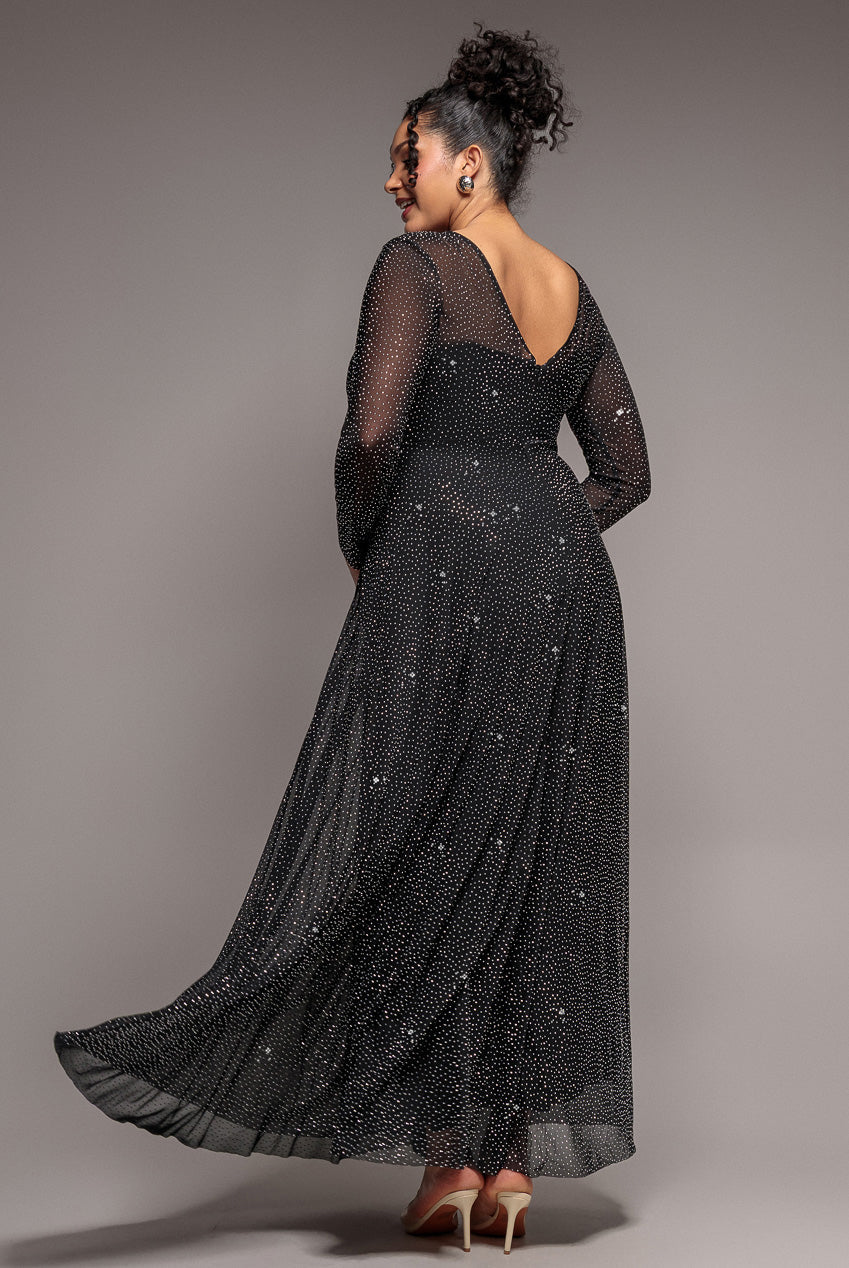 Goddiva Plus Hotfix Diamante Mesh A-Line Long Sleeve Maxi Dress - Black