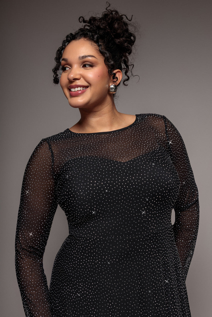 Goddiva Plus Hotfix Diamante Mesh A-Line Long Sleeve Maxi Dress - Black