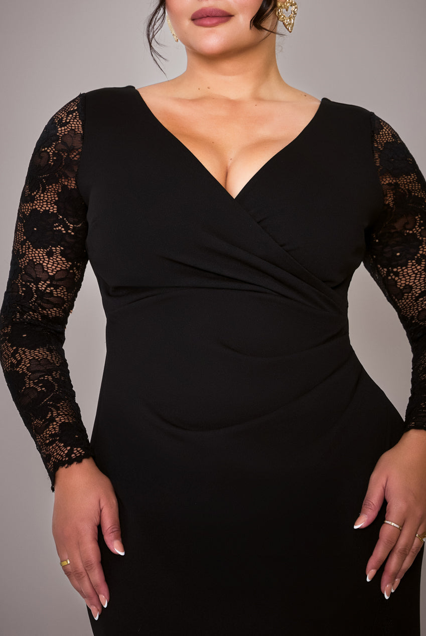 Goddiva Plus Scuba & Lace Wrap Maxi Dress - Black