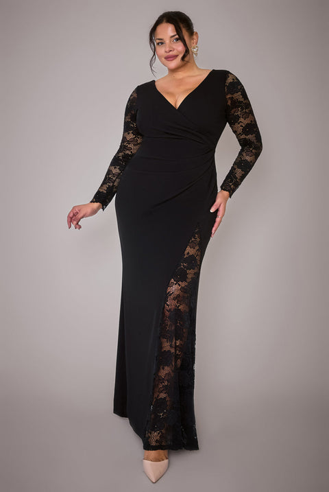 Goddiva Plus Scuba & Lace Wrap Maxi Dress - Black