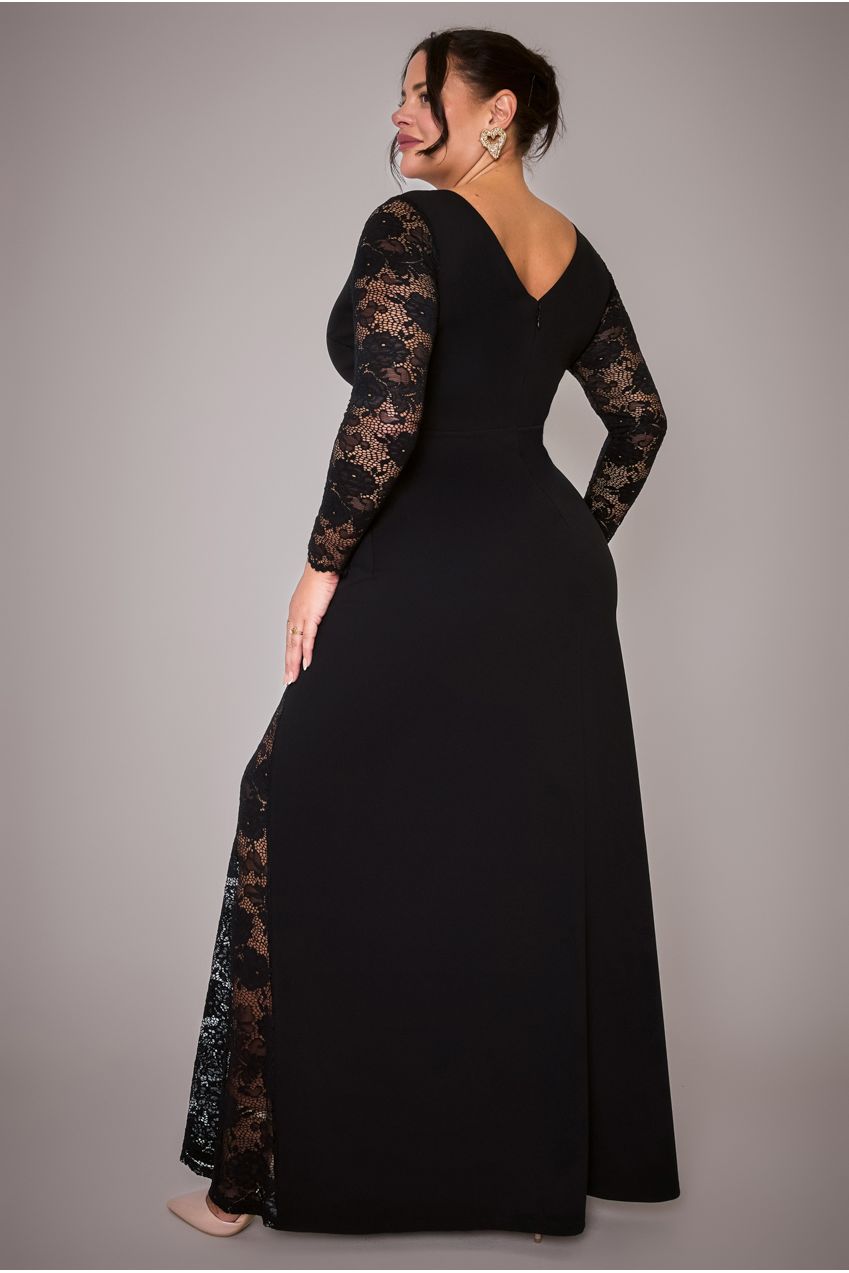 Goddiva Plus Scuba & Lace Wrap Maxi Dress - Black