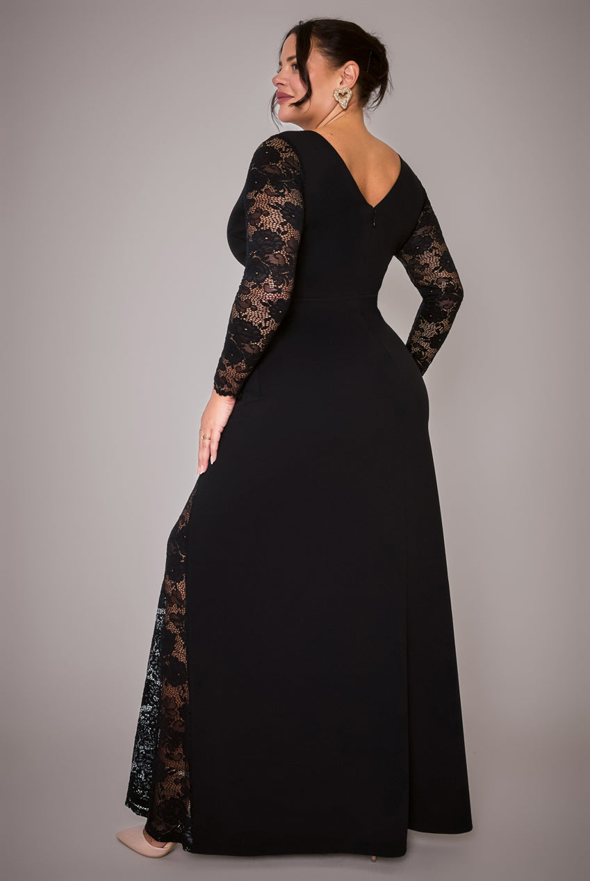 Goddiva Plus Scuba & Lace Wrap Maxi Dress - Black