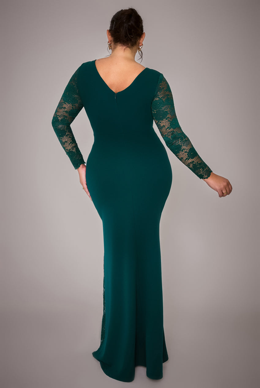 Goddiva Plus Scuba & Lace Wrap Maxi Dress - Emerald