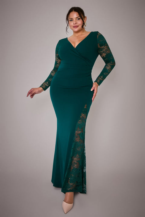 Goddiva Plus Scuba & Lace Wrap Maxi Dress - Emerald