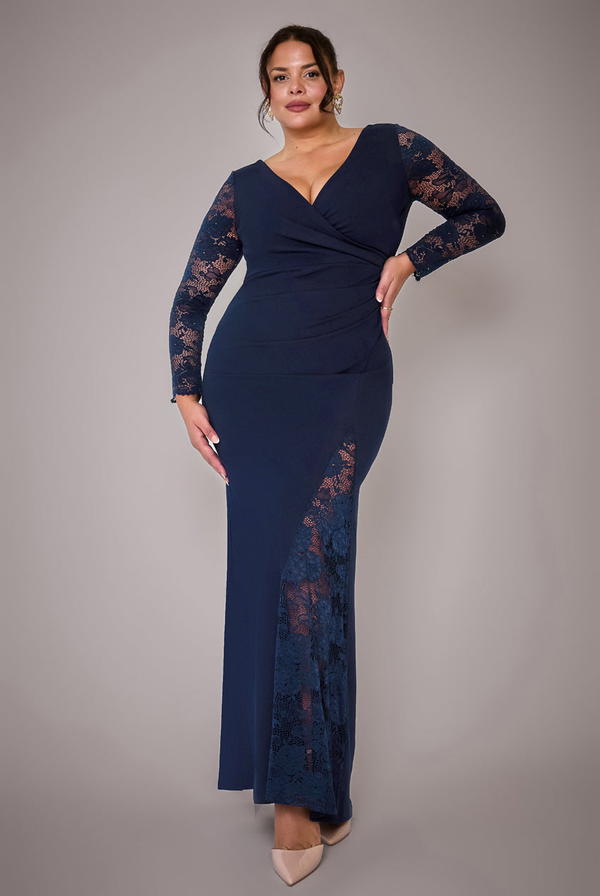 Goddiva Plus Scuba & Lace Wrap Maxi Dress - Navy Blue