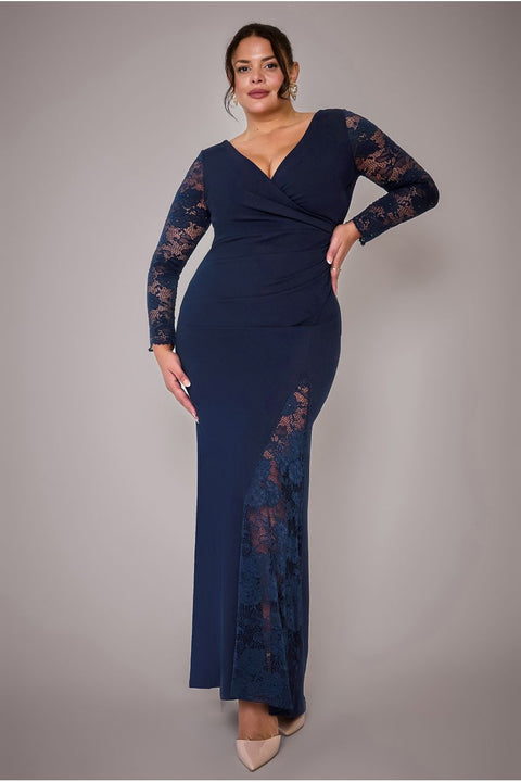 Goddiva Plus Scuba & Lace Wrap Maxi Dress - Navy Blue