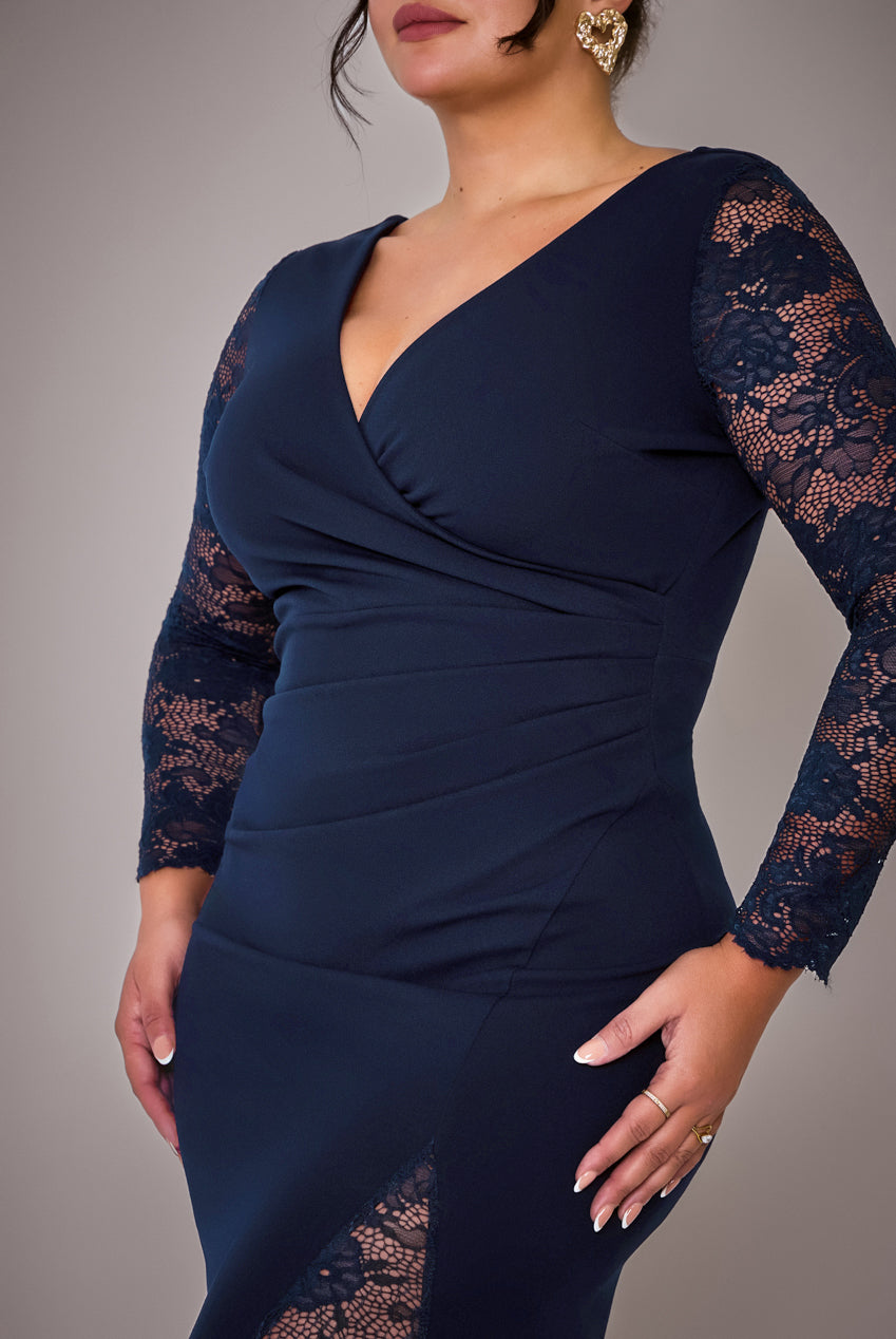 Goddiva Plus Scuba & Lace Wrap Maxi Dress - Navy Blue