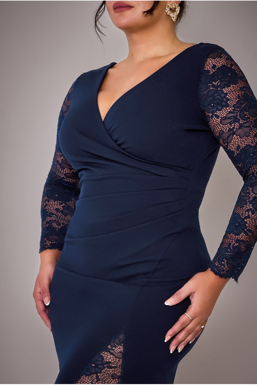 Goddiva Plus Scuba & Lace Wrap Maxi Dress - Navy Blue