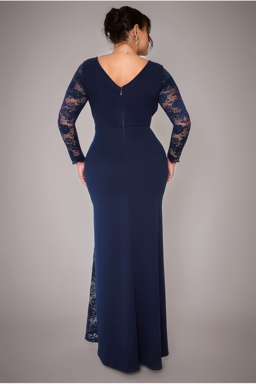 Goddiva Plus Scuba & Lace Wrap Maxi Dress - Navy Blue