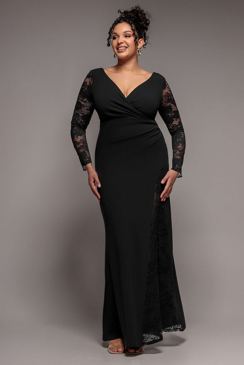 Goddiva Plus Scuba & Lace Wrap Maxi Dress - Black