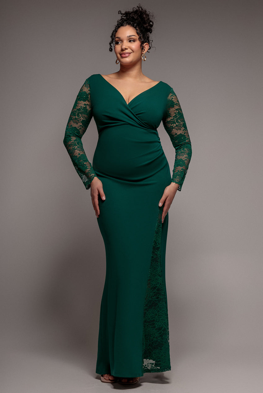 Goddiva Plus Scuba & Lace Wrap Maxi Dress - Emerald
