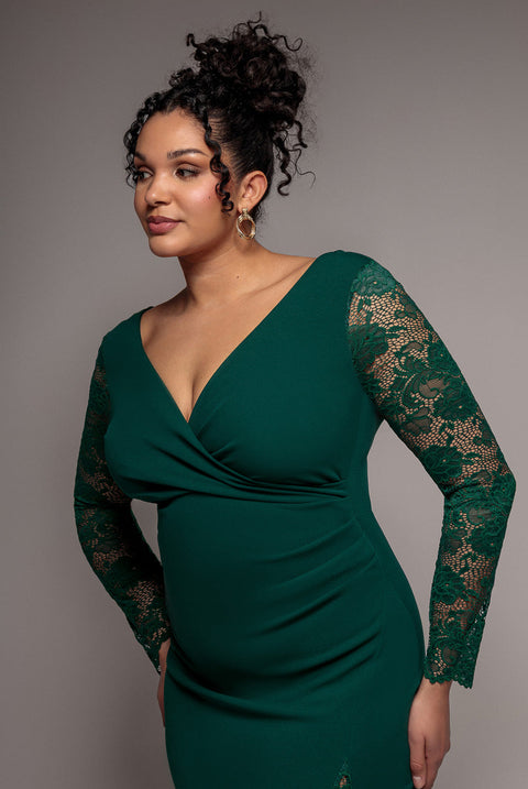 Goddiva Plus Scuba & Lace Wrap Maxi Dress - Emerald