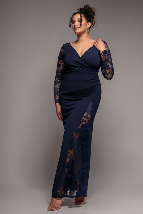 Goddiva Plus Scuba & Lace Wrap Maxi Dress - Navy Blue