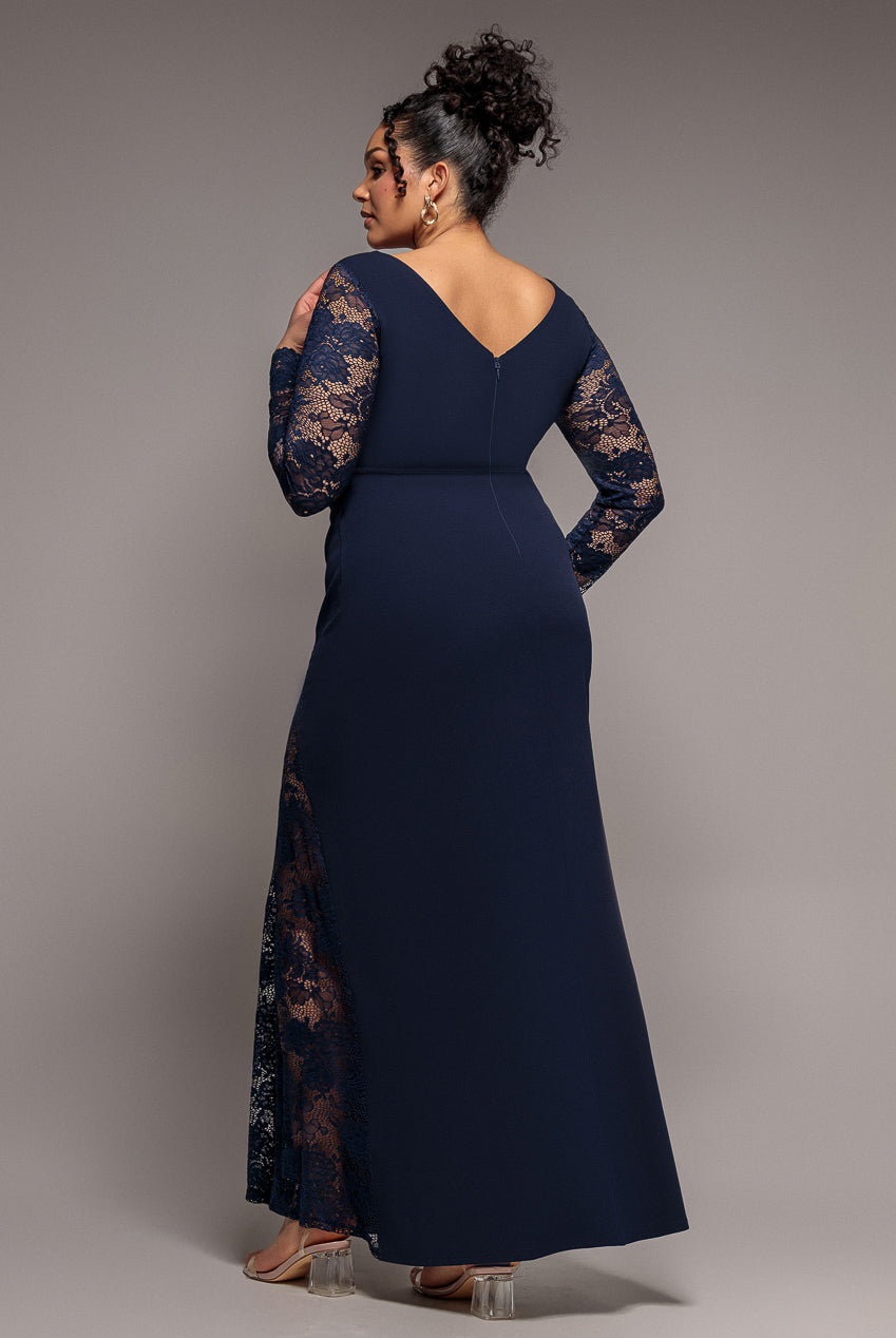 Goddiva Plus Scuba & Lace Wrap Maxi Dress - Navy Blue